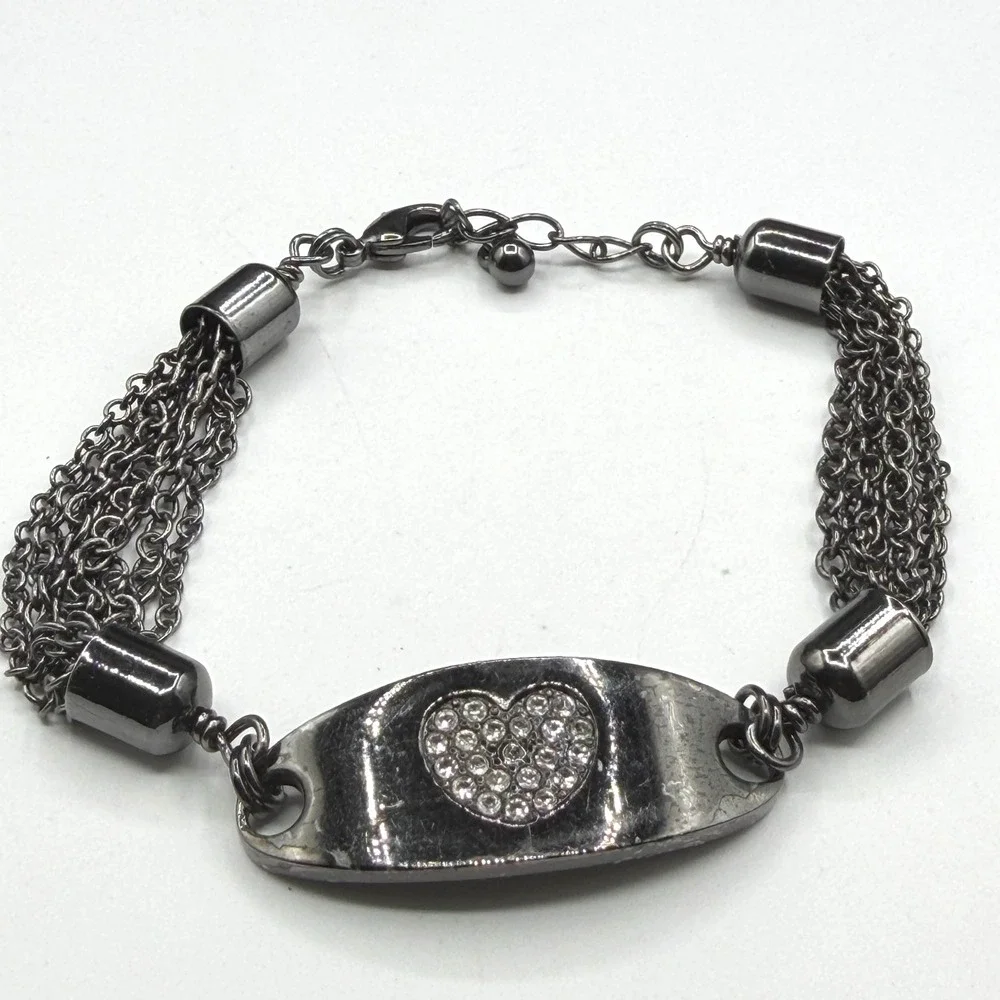 Rhinestone Heart Silver Tone Multi Strand Chain Bracelet Romantic Y2K Love Gift